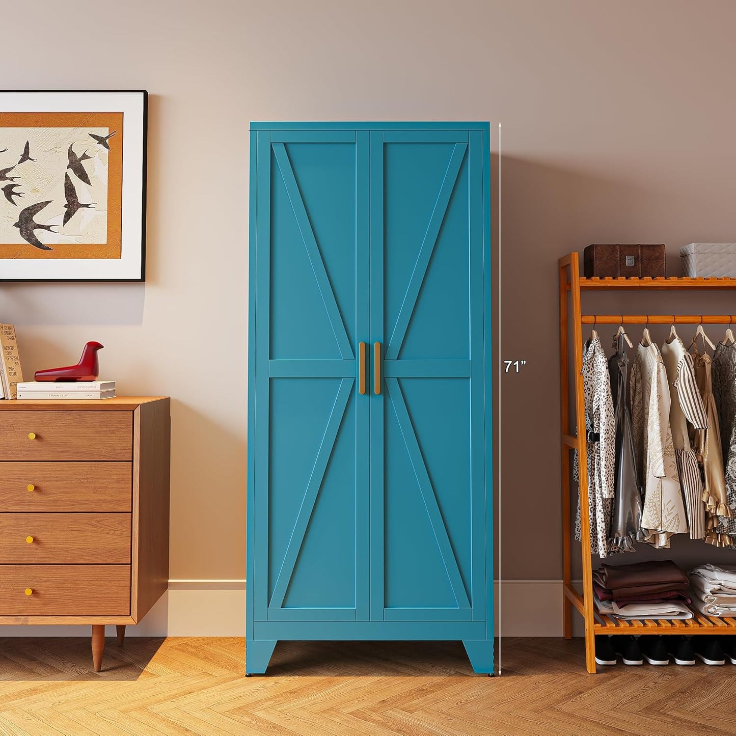 71'' Farmhouse Metal Storage Cabinet with Barn Doors,Steel File Cabinet for Home Office,Kitchen