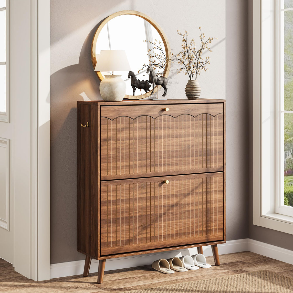 Nicetree Slim Shoe Cabinet for Entryway, 9.5" Narrow Shoe Storage Cabinet with Architectural Arched