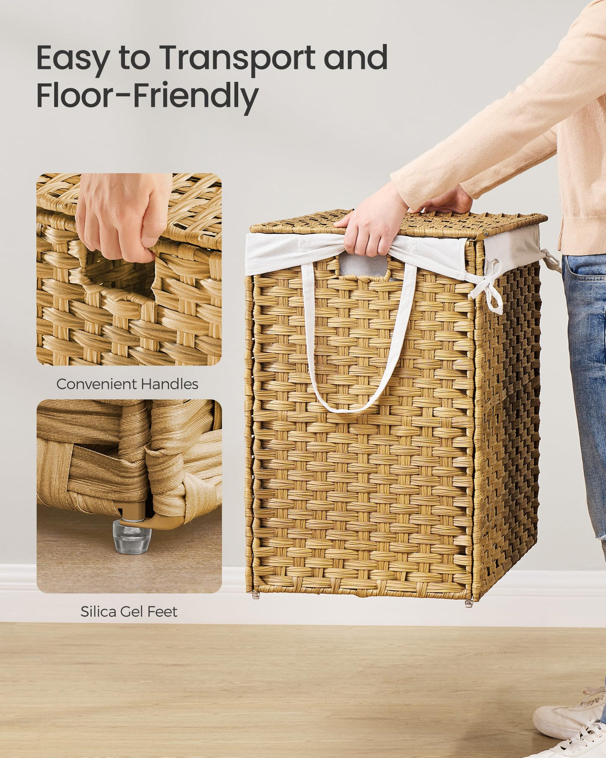SONGMICS Laundry Hamper with Lid, 52.8 Gal (200 L) Synthetic Rattan,Foldable