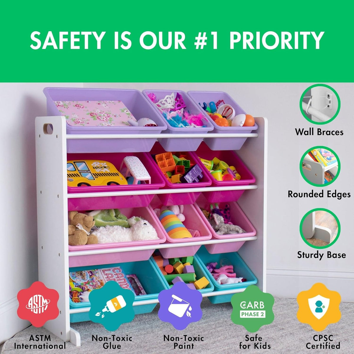 Humble Crew Kids Toy Storage Organizer with 12 Plastic Bins, White/Pink/Purple/Turquoise