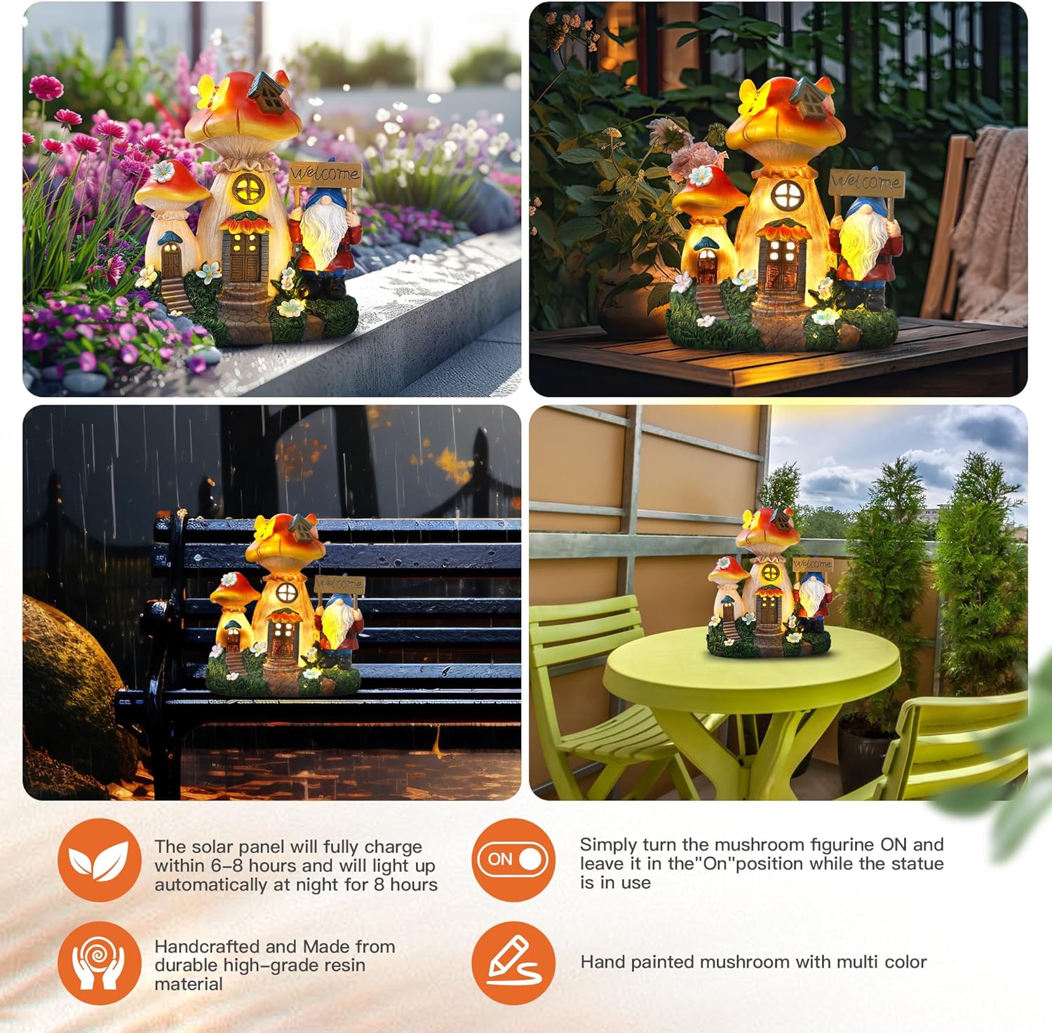 Solar Garden Statue Lights Mushroom Fairy House Figurine, Outdoor Memorial Garden Ornaments