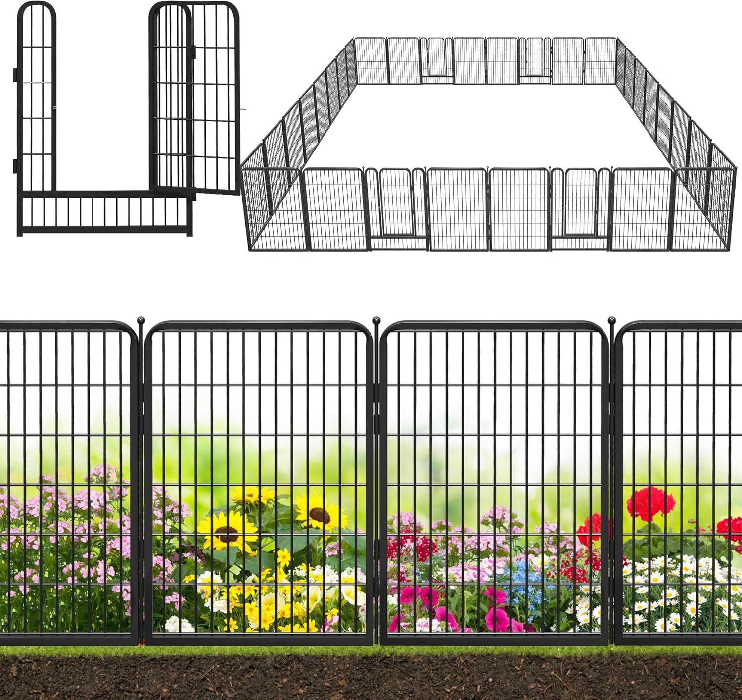 Decorative Black Metal Fencing Garden Fence with Gate, 72ft(L) 40in(H) 32 Fence Panels No Dig Fence