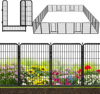 Decorative Black Metal Fencing Garden Fence with Gate, 72ft(L) 40in(H) 32 Fence Panels No Dig Fence