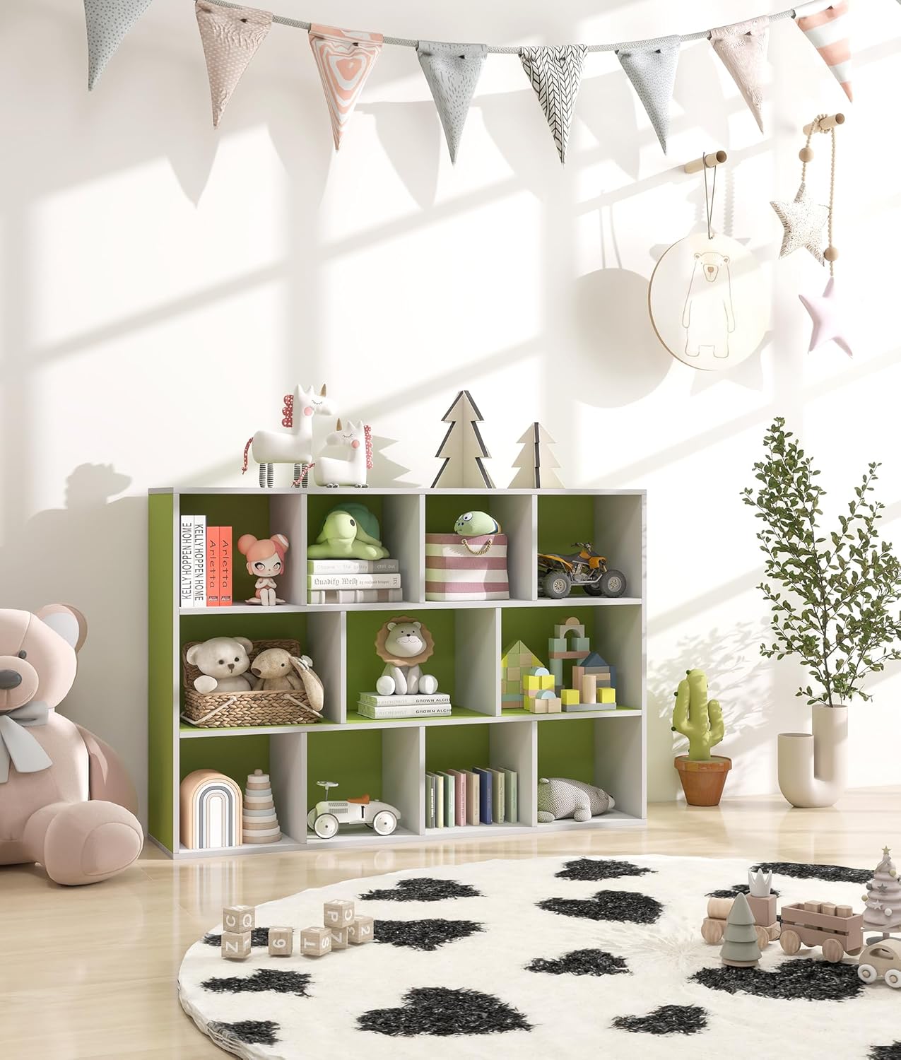 11 Cube Small Kids Bookshelf & Toy Organizer – Wooden Cube Bookcase for Playroom Organization and