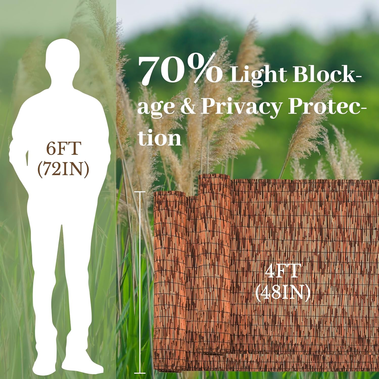 Brown 2 Pack 4FT X 16.4FT Reed Fencing Roll, Balcony Privacy Shade Reed Bamboo Fencing Garden Fence