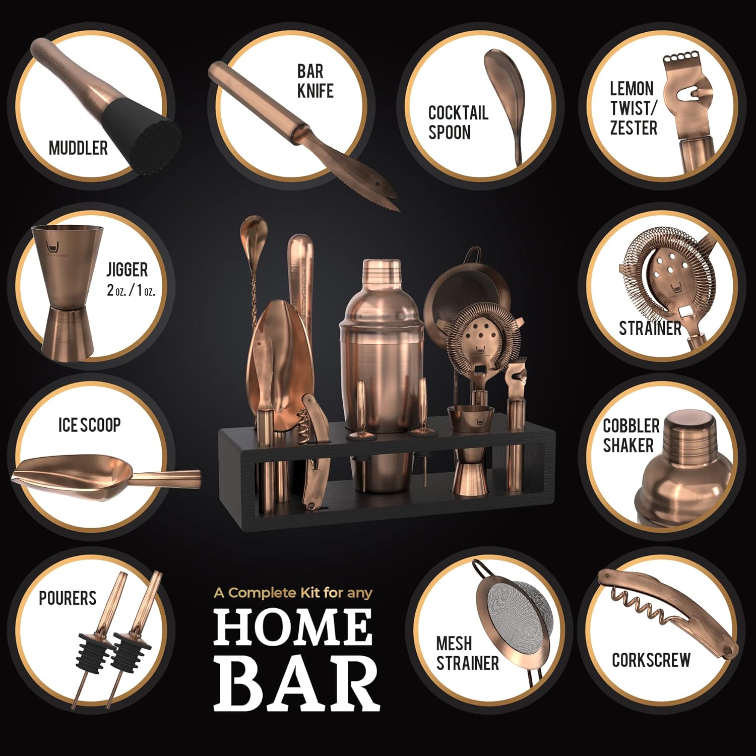 Highball & Chaser 13-Piece Cobbler Cocktail Shaker Set Matte Copper Stainless Steel Bartender Kit