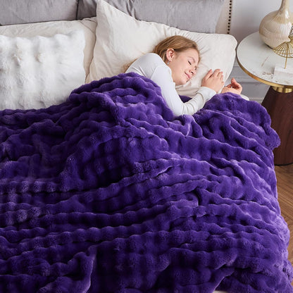 NEWCOSPLAY Faux Fur Twin Blanket Purple Bubble Blanket Thick Warm Soft for Couch Sofa Bed 550GSM