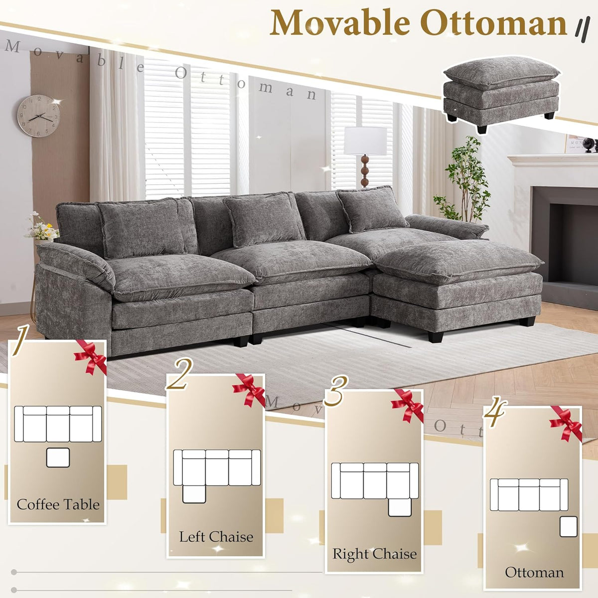 URRED Modular Sectional Sofa Comfy Cloud Couch, Modern Chenille Sofa Sleeper Deep Seat Couches with