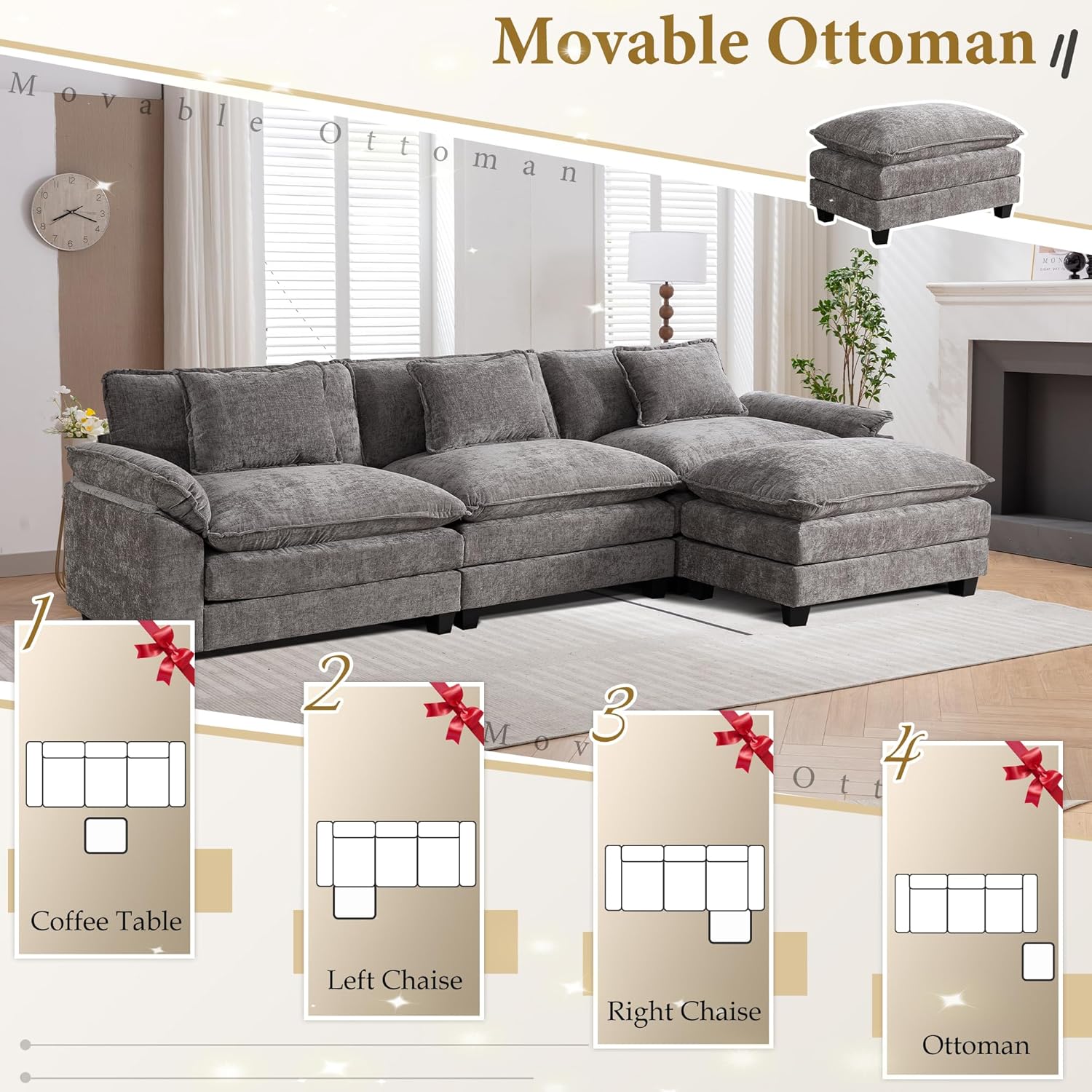 URRED Modular Sectional Sofa Comfy Cloud Couch, Modern Chenille Sofa Sleeper Deep Seat Couches with