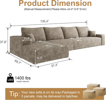 136" Sectional Couches for Living Room Modern Modular Sofa with L-Shape Couchs Upholstered Boneless