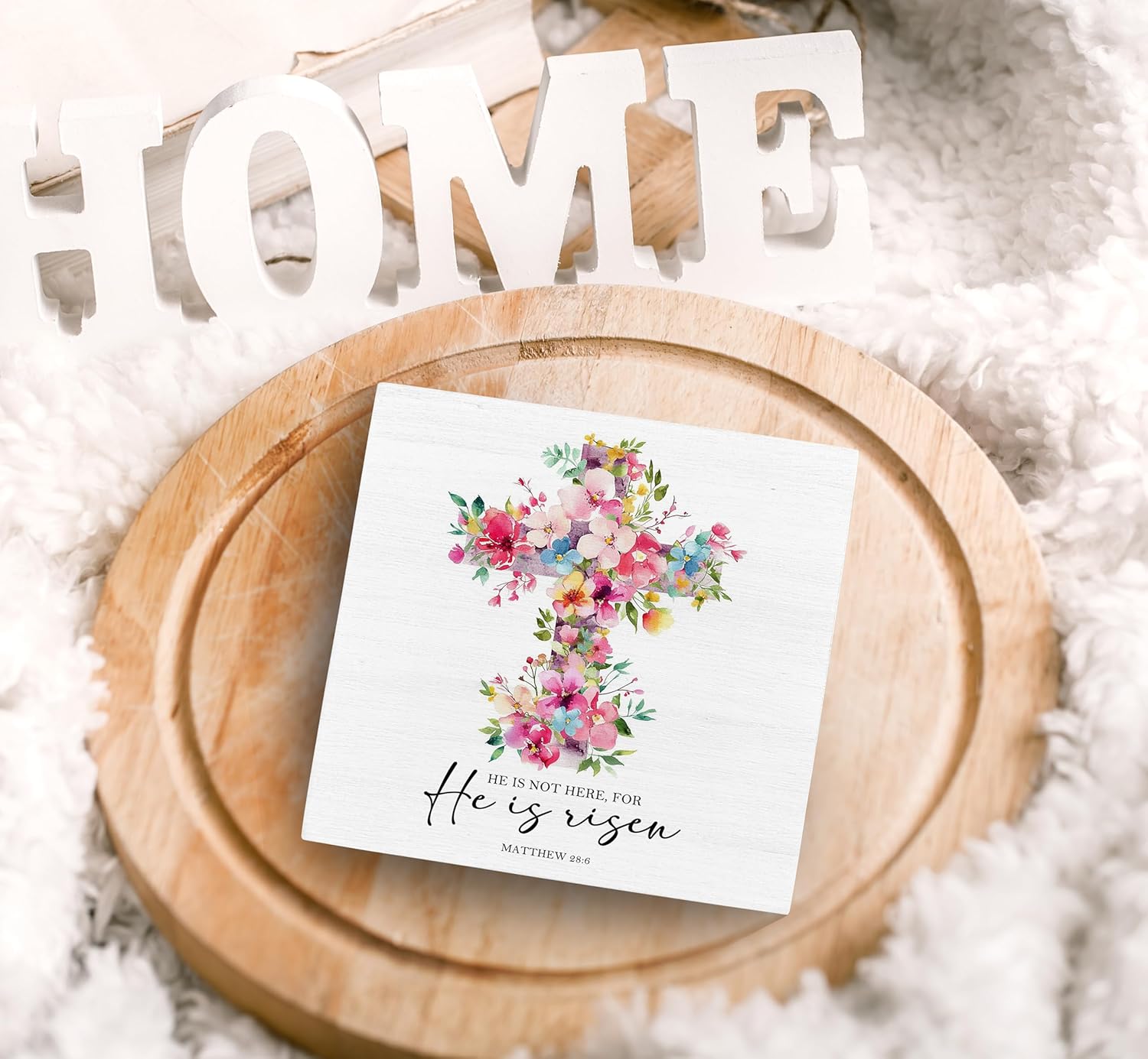 SRADMO He Is Risen Sign, Floral Cross Easter Christian Wood Box Sign Desk Decor, Christian Easter