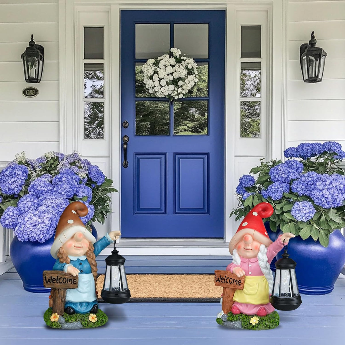 Solar Large Gnome Garden Statue with Welcome Sign Outdoor Decor with LED Lantern Funy for Porch