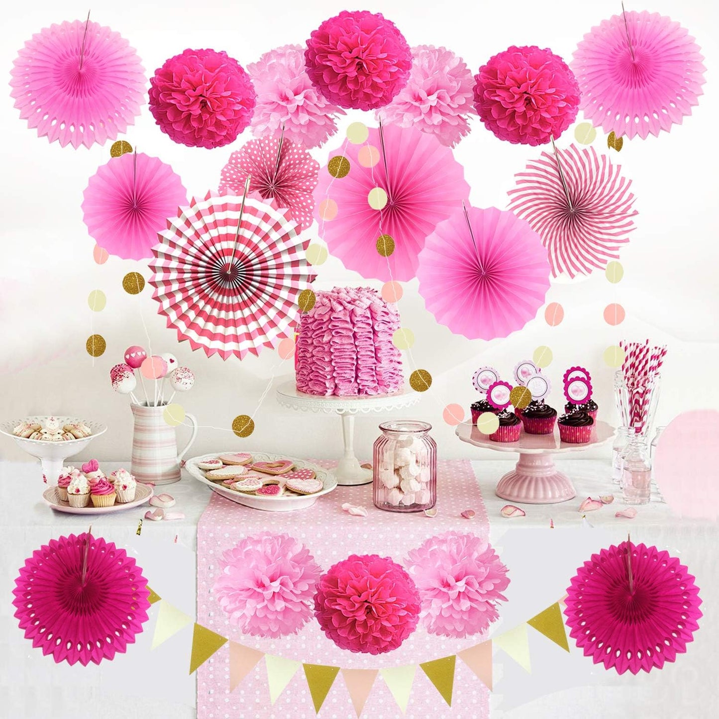 ZERODECO Party Decoration, 21 Pcs Pink Hanging Paper Fans, Pom Poms Flowers, Garlands String Polka