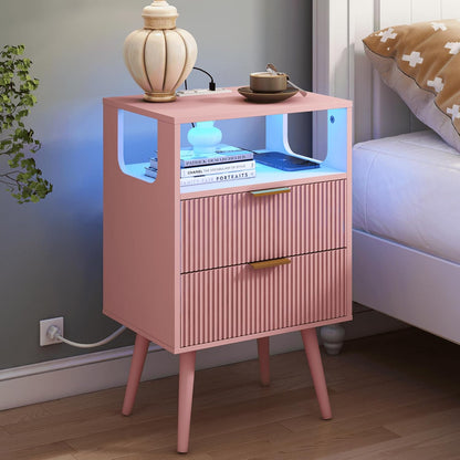Pink Nightstand with Charging Station and LED Lights,Modern Bedside Table with 2 Storage Drawer and