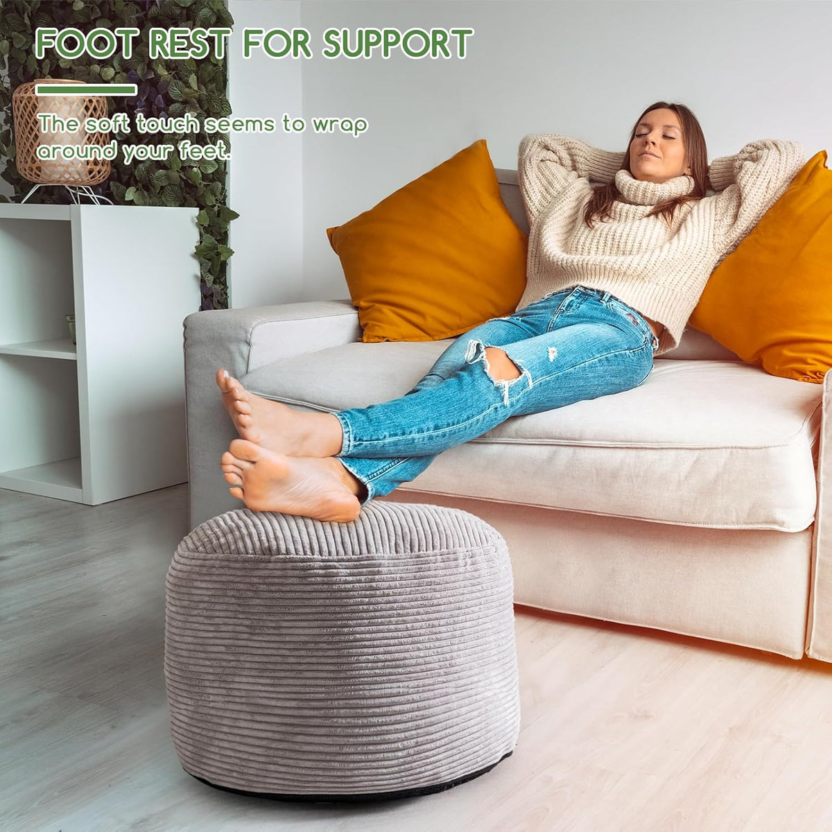 HIGOGOGO Round Stuffed Pouf Ottoman, Corduroy Poufs with Foam Chunk Filling, Furry and Fluffy Pouf