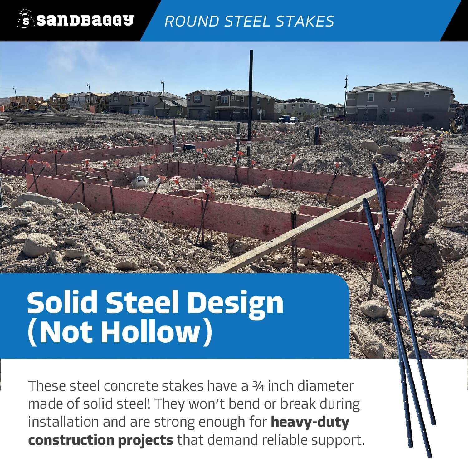 Sandbaggy Round Steel Concrete Form Stakes with Nail Holes - Rust Resistant Coating - Removable