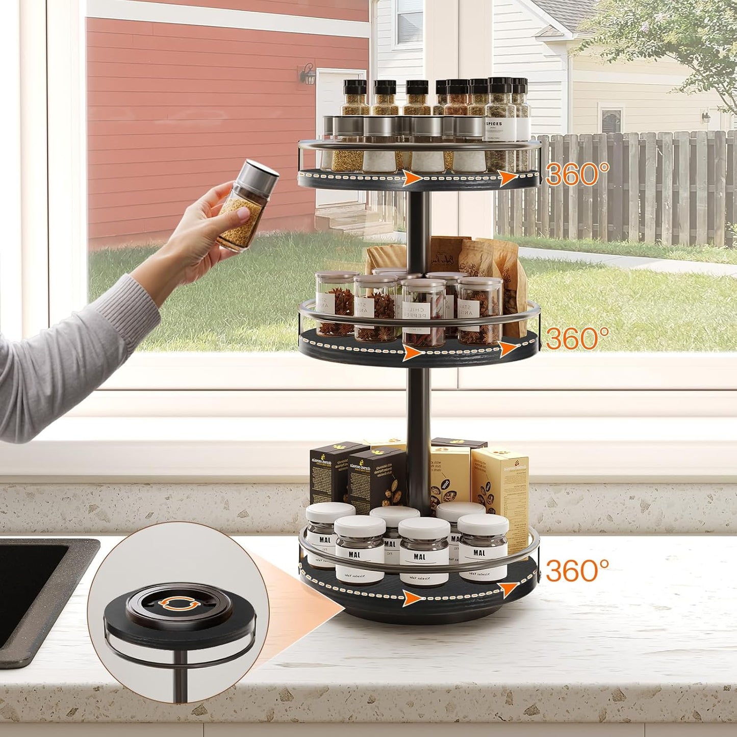 HOOBRO Lazy Susan Organizer, Rotating Spice Rack, 3-Tier Organizer, Turntable Spice Rack, Vertical