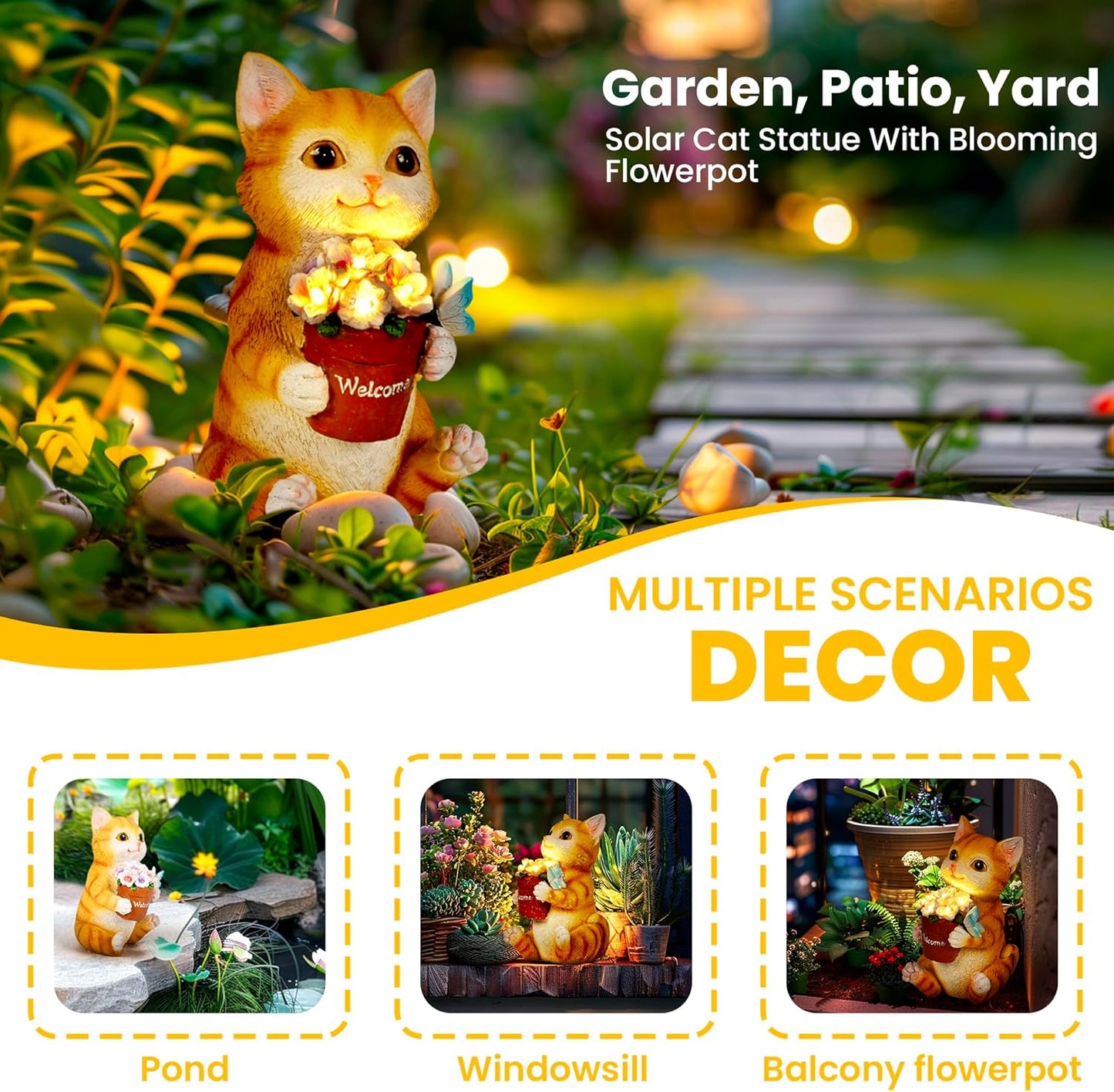 GIGALUMI Solar Garden Decor Flower Pot Cat Statues Outdoor, Birthday Gifts for Women Mom Grandma