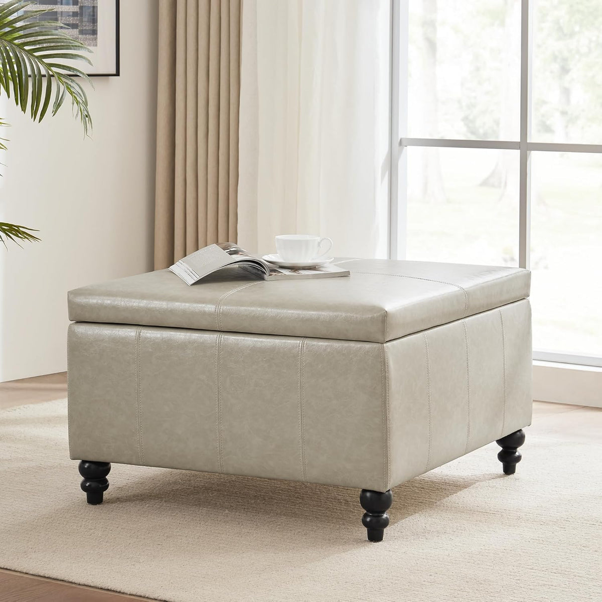 HUIMO Square Storage Ottoman, Tufted Leather Ottoman for Living Room (Khaki)