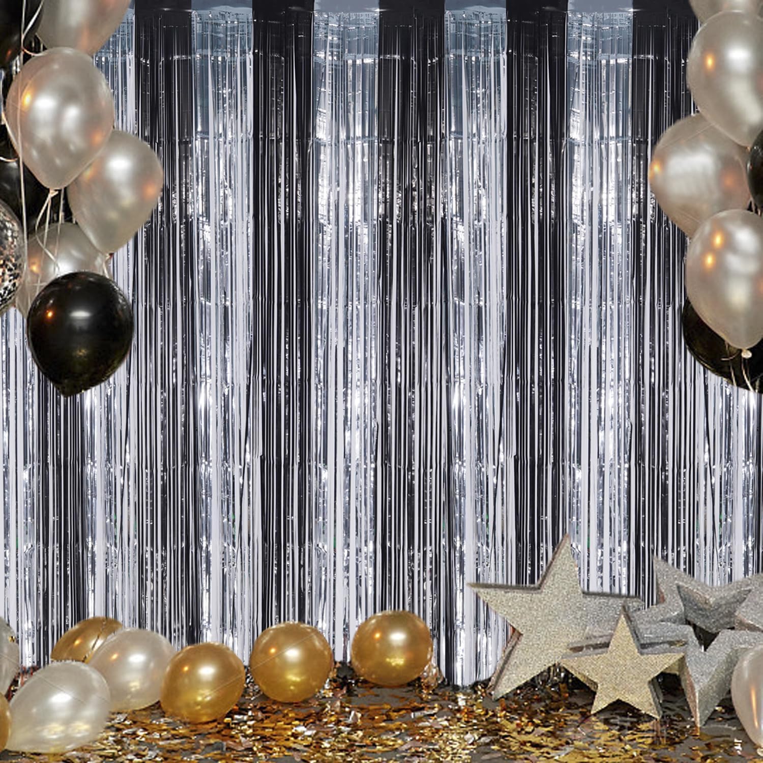 3 Pack Foil Fringe Backdrop - Black&Silver Shiny Tinsel Curtains for Party Decoration/Photo Booth