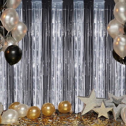 3 Pack Foil Fringe Backdrop - Black&Silver Shiny Tinsel Curtains for Party Decoration/Photo Booth