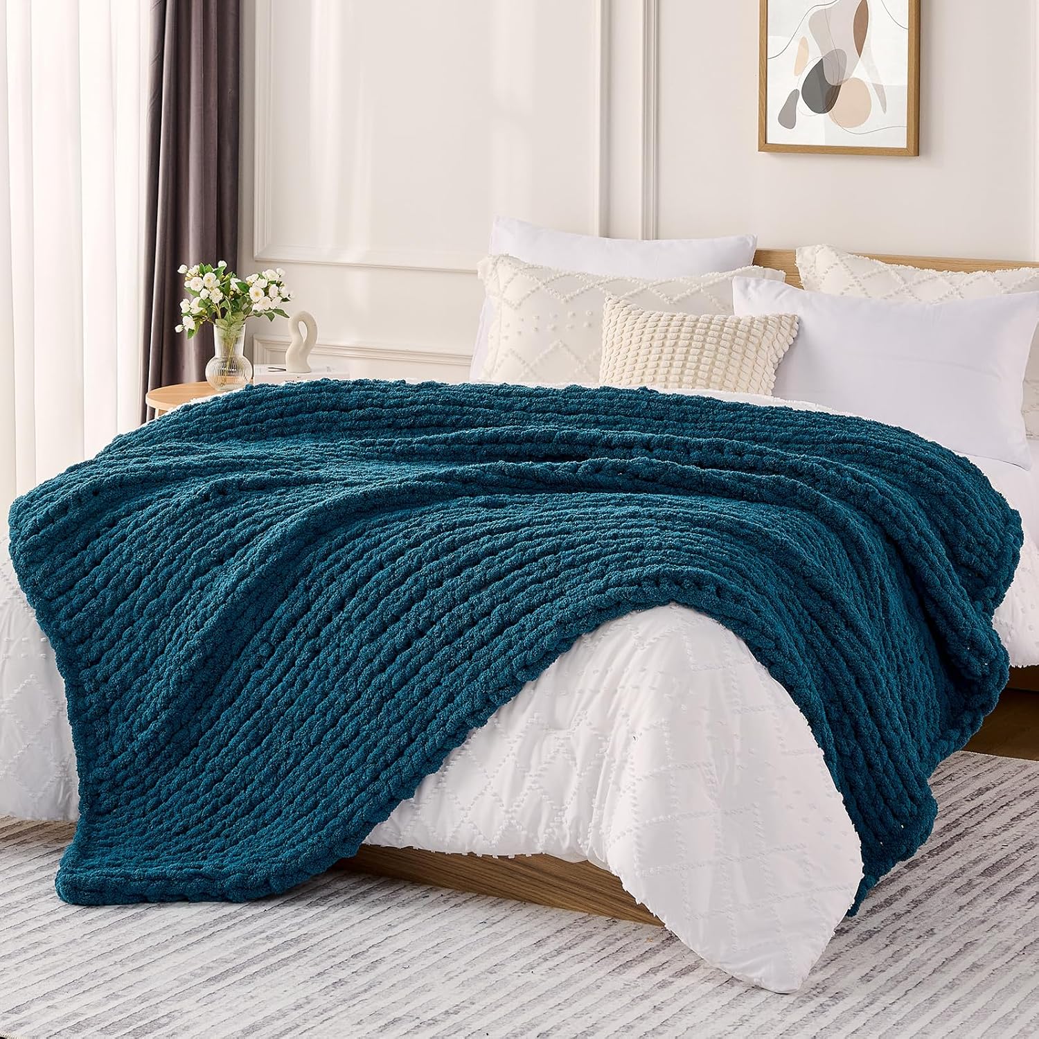 L'AGRATY Chunky Knit Blanket Throw: 80''x90'' Chenille Chunky Knitted Throw Blankets for Bed Couch