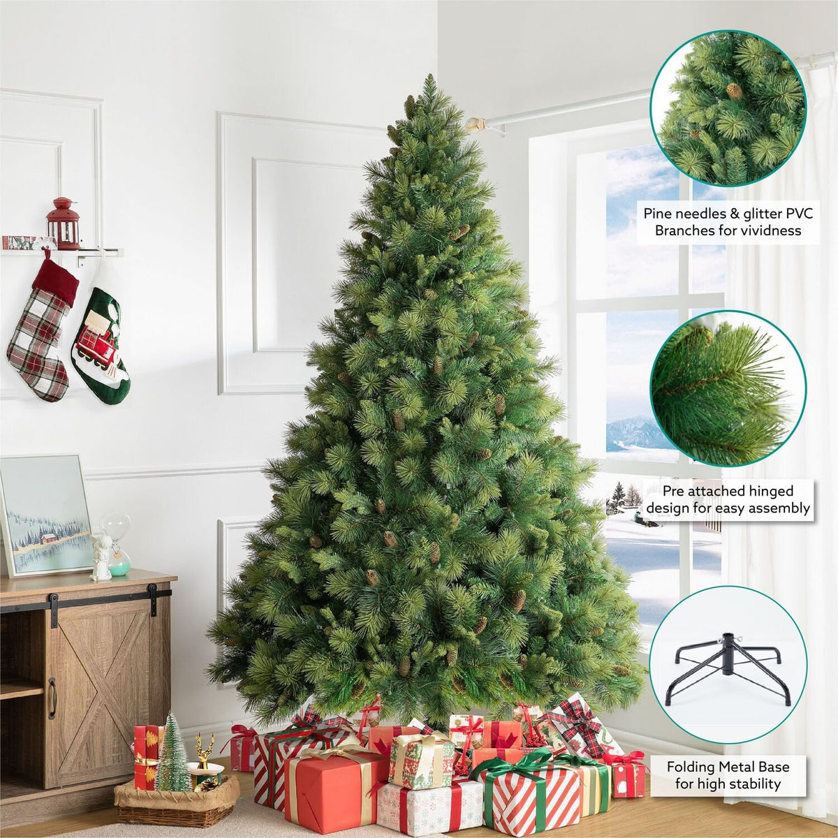 Naomi Home Vail 7.5ft Prelit Artificial Christmas Tree with Pine Cones, Foot Pedal, 1556 Branch