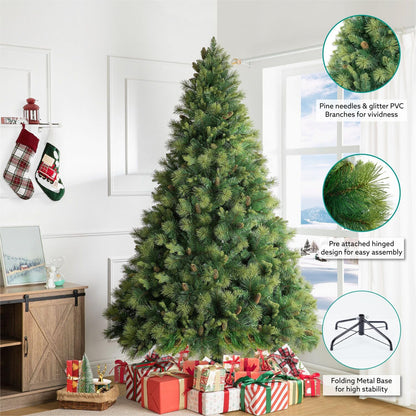 Naomi Home Vail 7.5ft Prelit Artificial Christmas Tree with Pine Cones, Foot Pedal, 1556 Branch