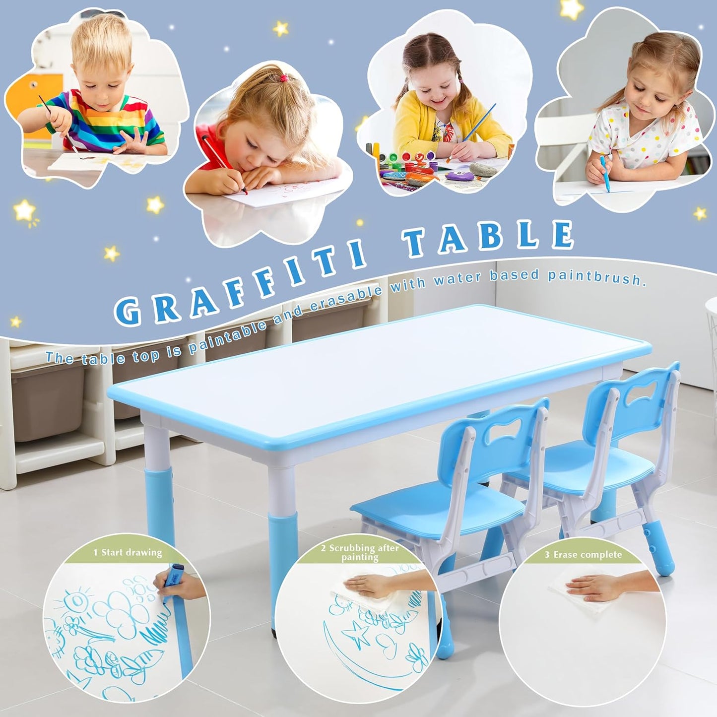 Kids Table and 6 Chairs Set with Graffiti Desktop, Toddler Furniture Set, Non-Slip, Table Children