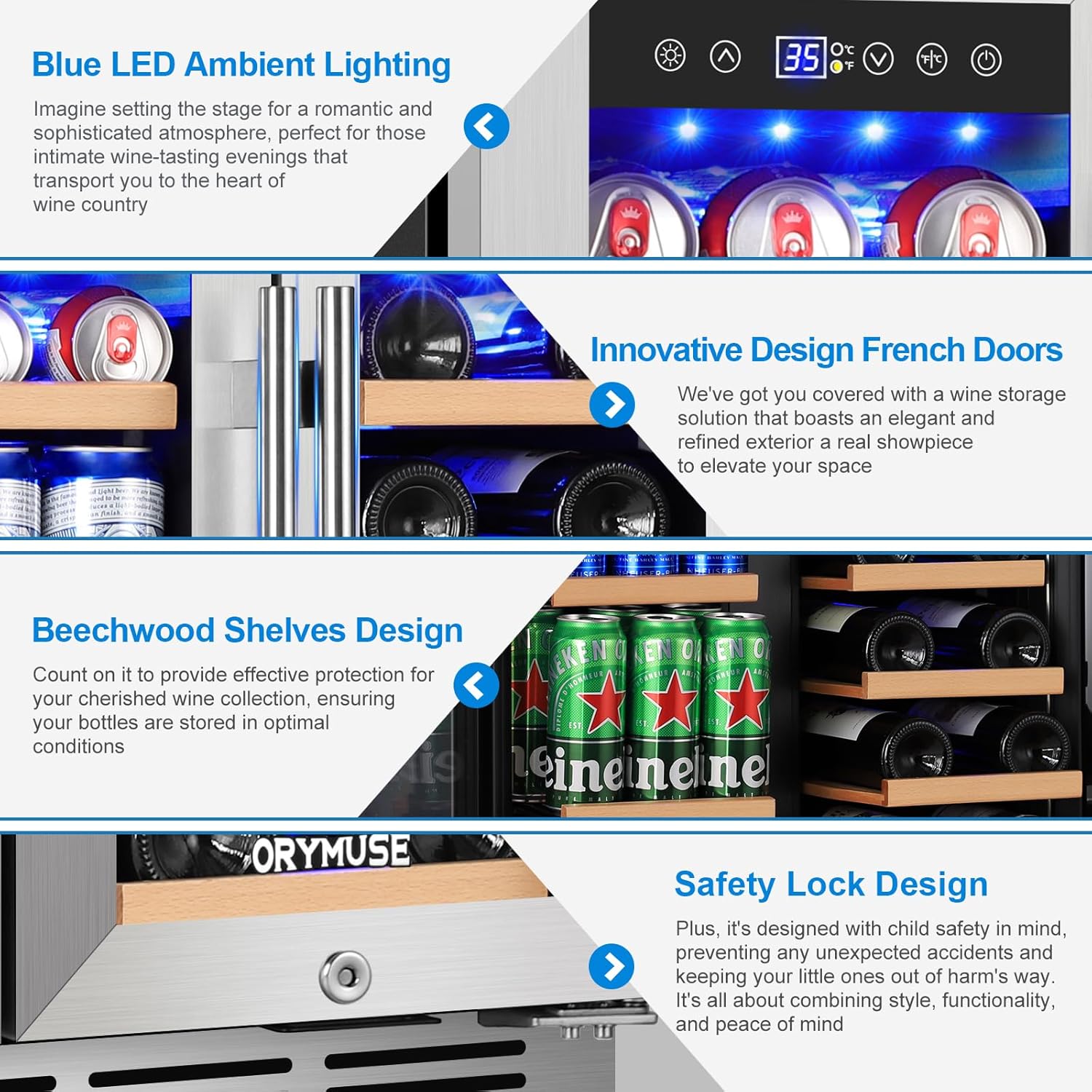 24 Inch Dual Zone Wine and Beverage Refrigerator, Built-in or Freestanding Cooler with French