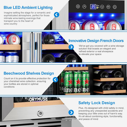 24 Inch Dual Zone Wine and Beverage Refrigerator, Built-in or Freestanding Cooler with French