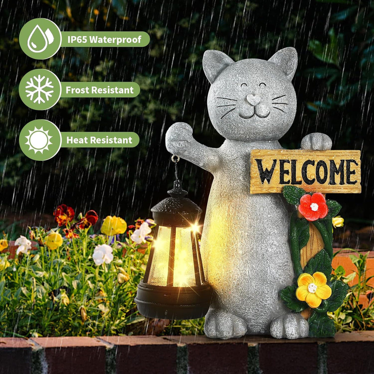 Json Garden Statue Solar Cat Figurine with Lantern, Solar Garden Decorations Statues for Patio