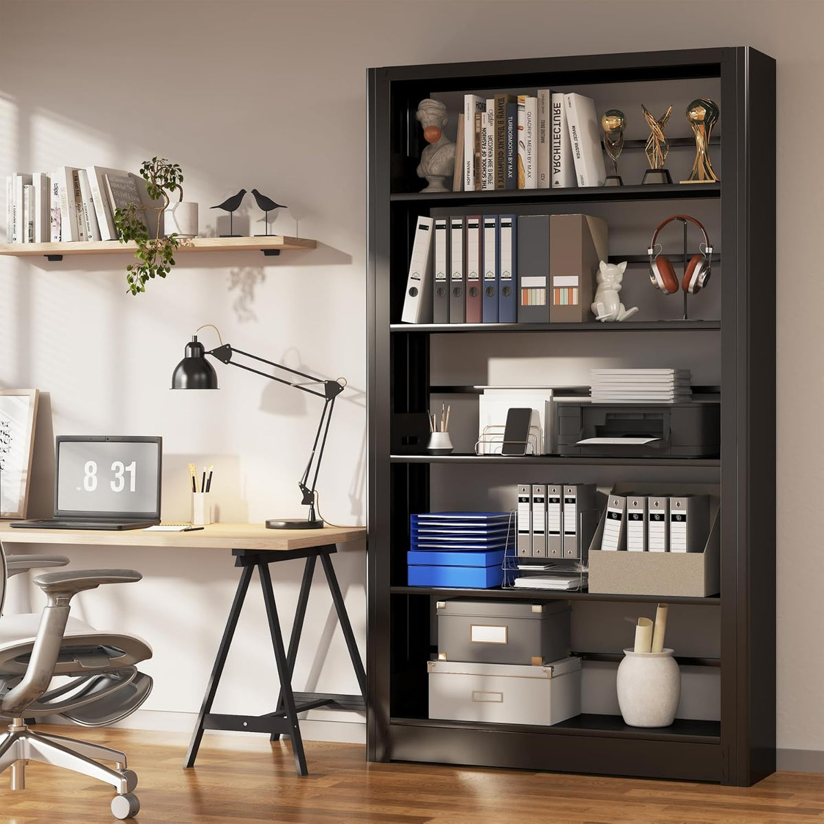 Large Metal Bookcase, 69” Modular Bookshelf with Storage, 5 Tier Bookcase with Adjustable Shelves