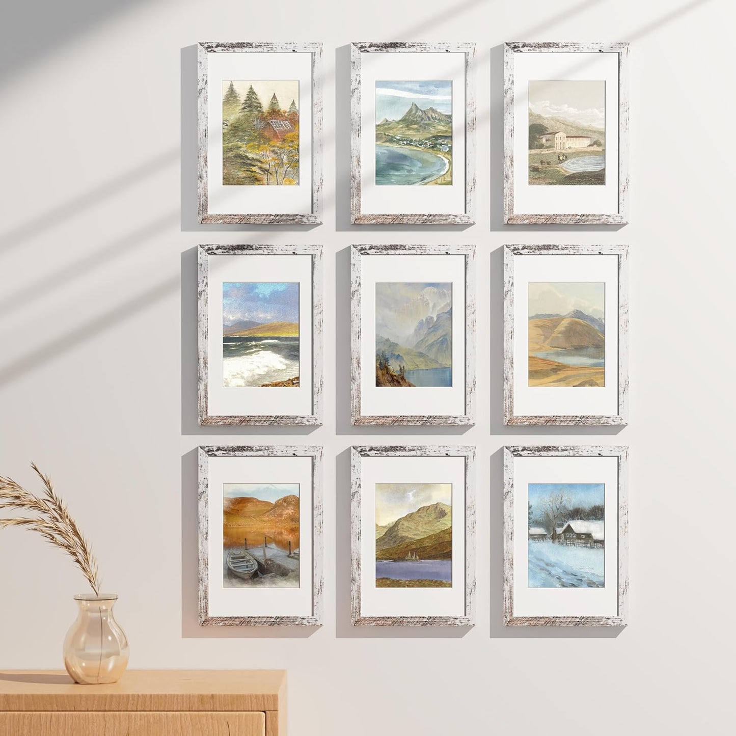 Vittanly 8x12 Picture Frames Set of 9, Shatter Resistant Plexiglass, Display 6x8 Pictures with Mat