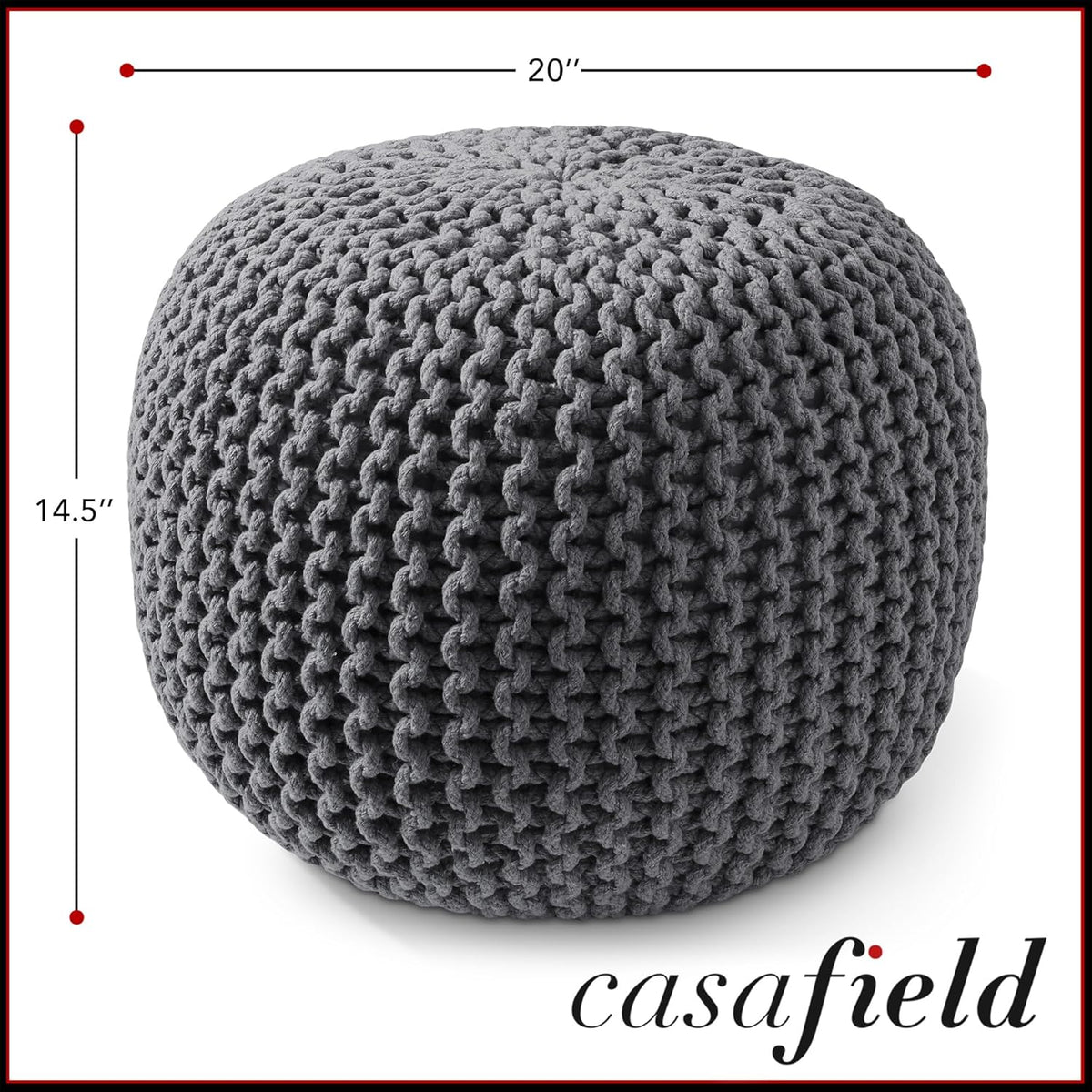 Casafield Round Pouf Ottoman, Dark Gray - 20" Diameter x 14.5" High Cotton Knit Foot Stool - Boho
