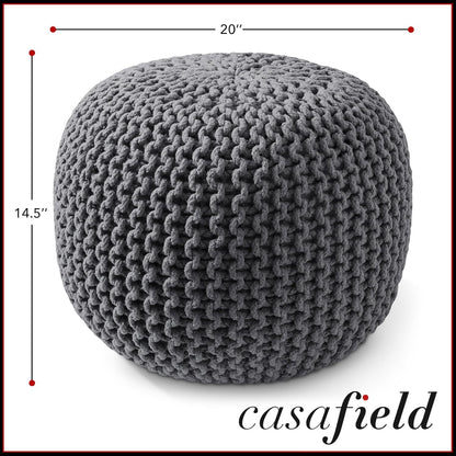 Casafield Round Pouf Ottoman, Dark Gray - 20" Diameter x 14.5" High Cotton Knit Foot Stool - Boho