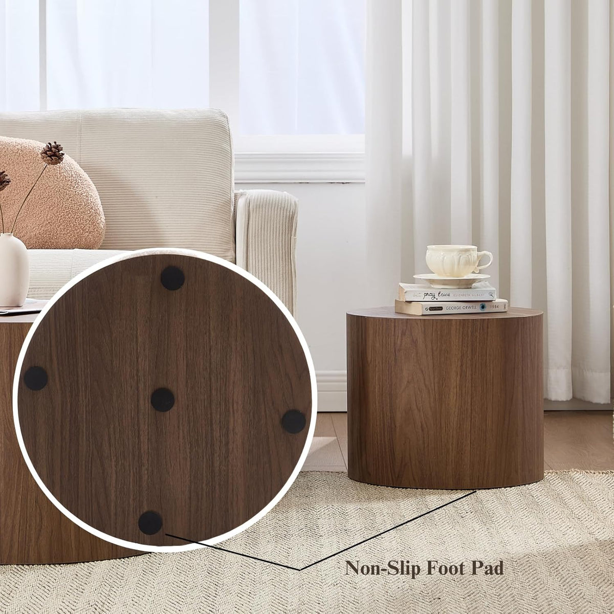 Round Coffee Tables Side Table Set of 2, Wood Nesting End Table for Living Room Balcony Office
