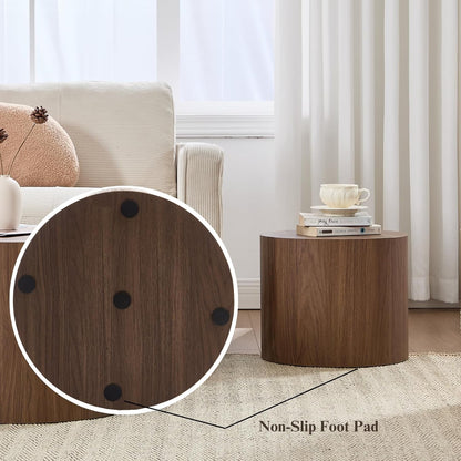 Round Coffee Tables Side Table Set of 2, Wood Nesting End Table for Living Room Balcony Office