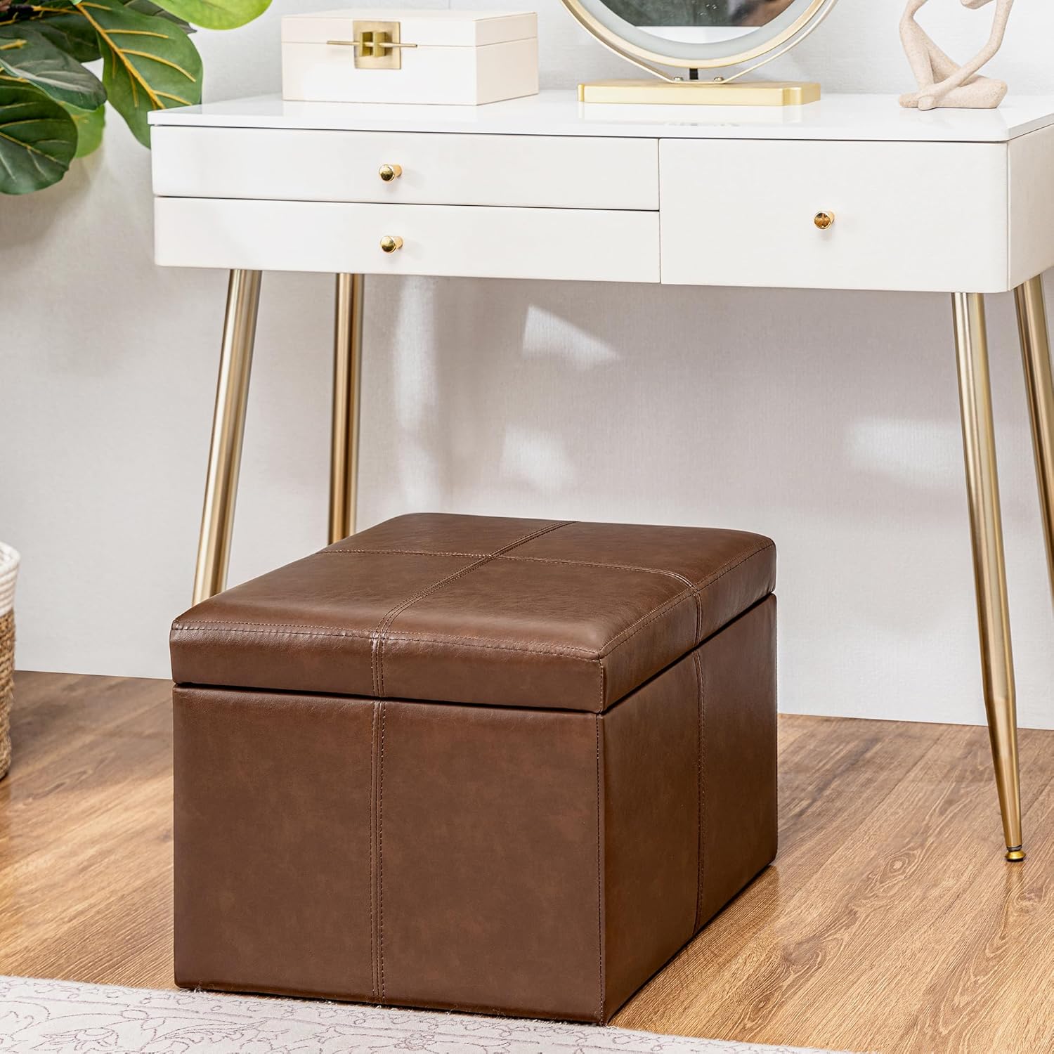 Adeco Storage Ottoman Foot Rest Stool, Leather Ottoman Footstool with Hinged Lid, 17" Small Foot