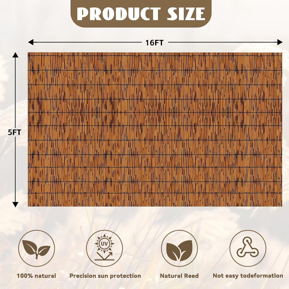 Bamboo Reed Fencing, Light Russet Decorative Bamboo Privacy Fence 5ft High, Reed Curtains for Patio