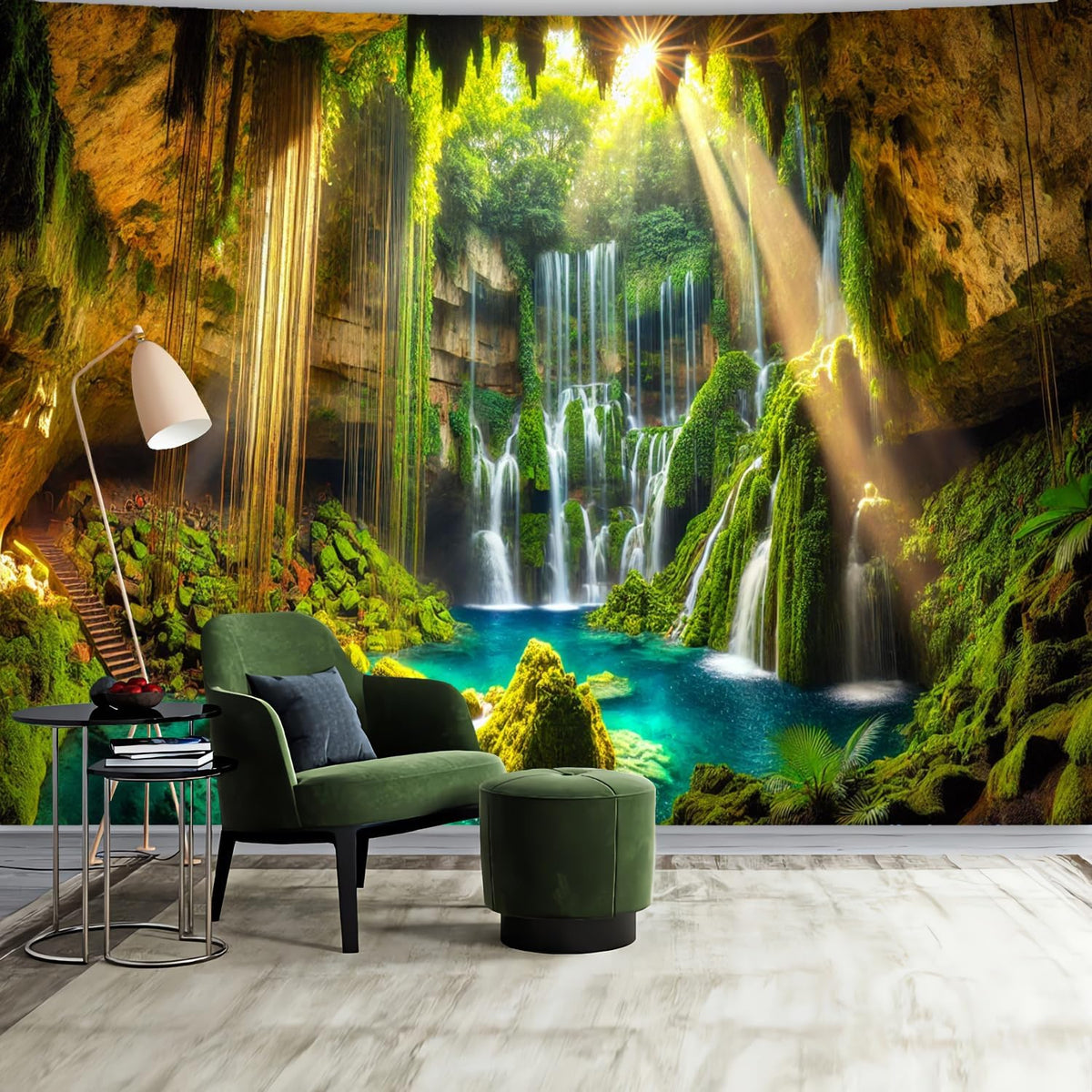 BSFHH Nature Tapestry Forest Tree Sea Cave Wall Hanging, Stream Through Rainforest Landscape Wall