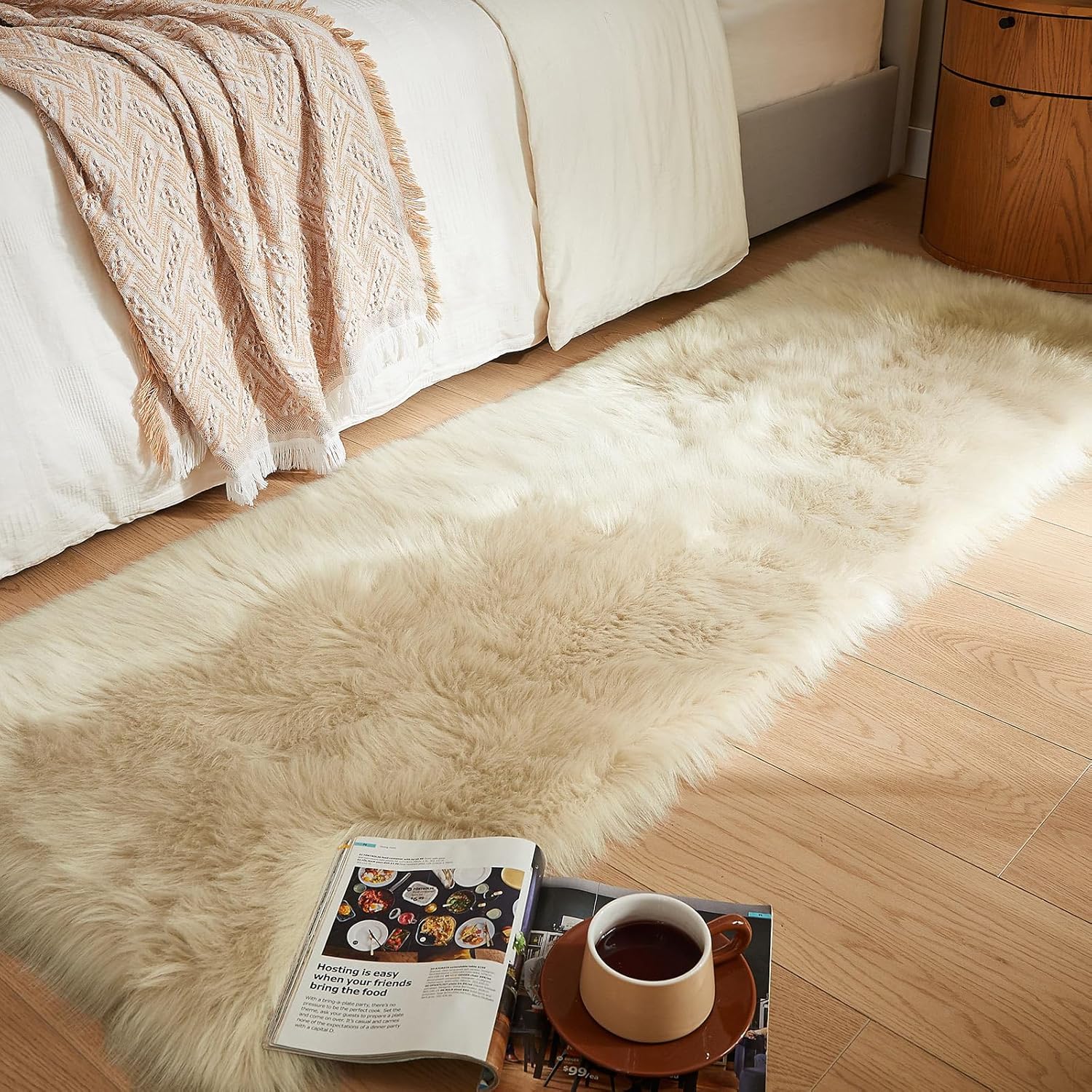 AMTOVO Faux Fur Rug, Beige Ultra Soft Fluffy Shag Sheepskin Rug, 2 x 6 ft Runner Area Rugs for