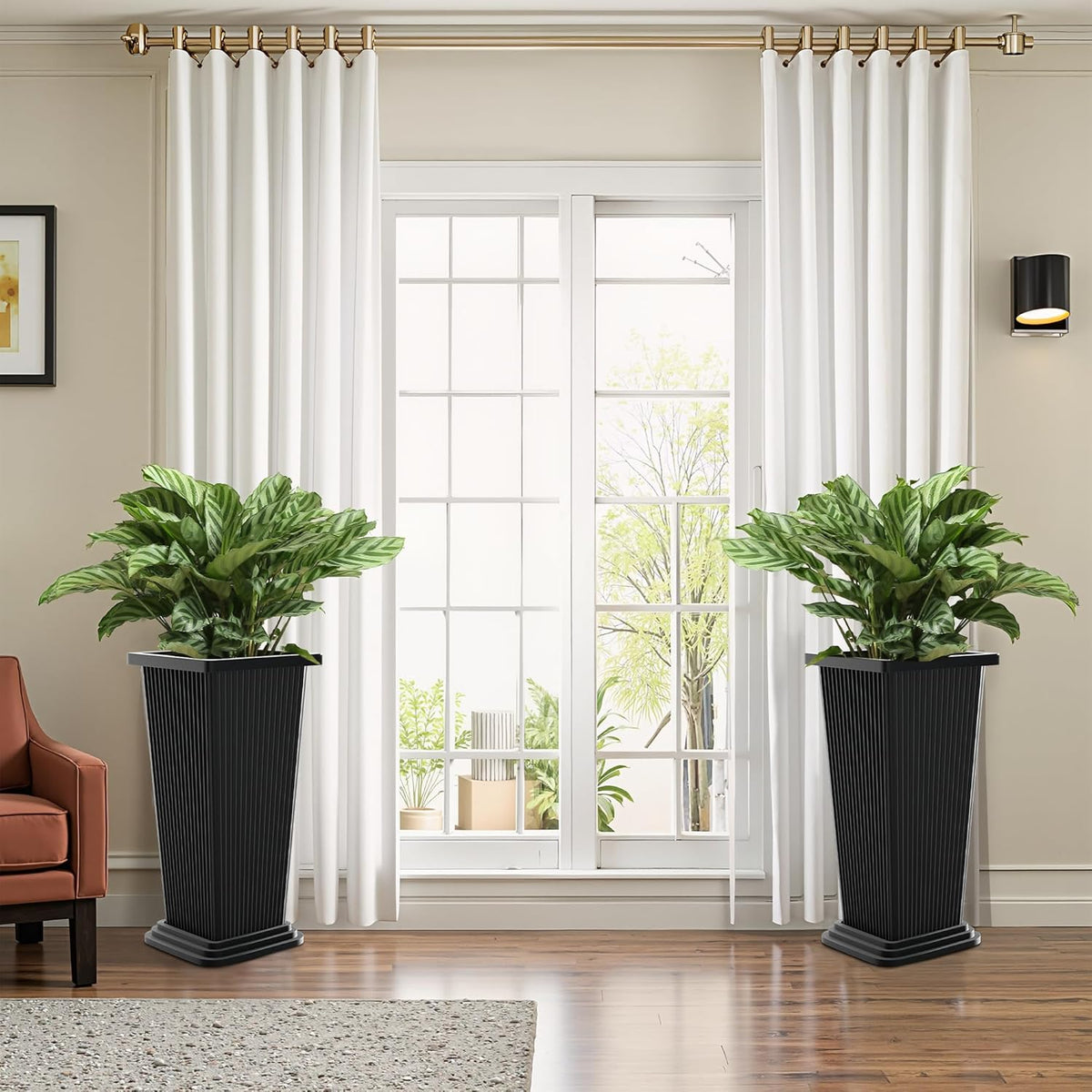 FENCY Set of 2 Tall Planters for Outdoor Plants, 24 Inch Large Tapered Pots with Drainage Trays