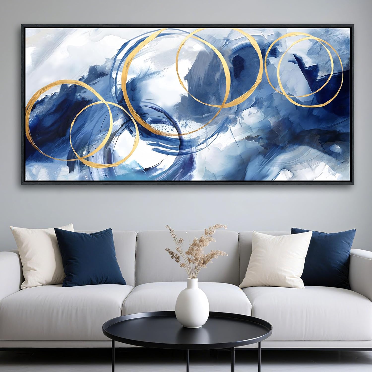 AJAZIKO Blue Abstract Wall Art Modern Navy Blue and Gold Pictures for Living Room Paintings Office