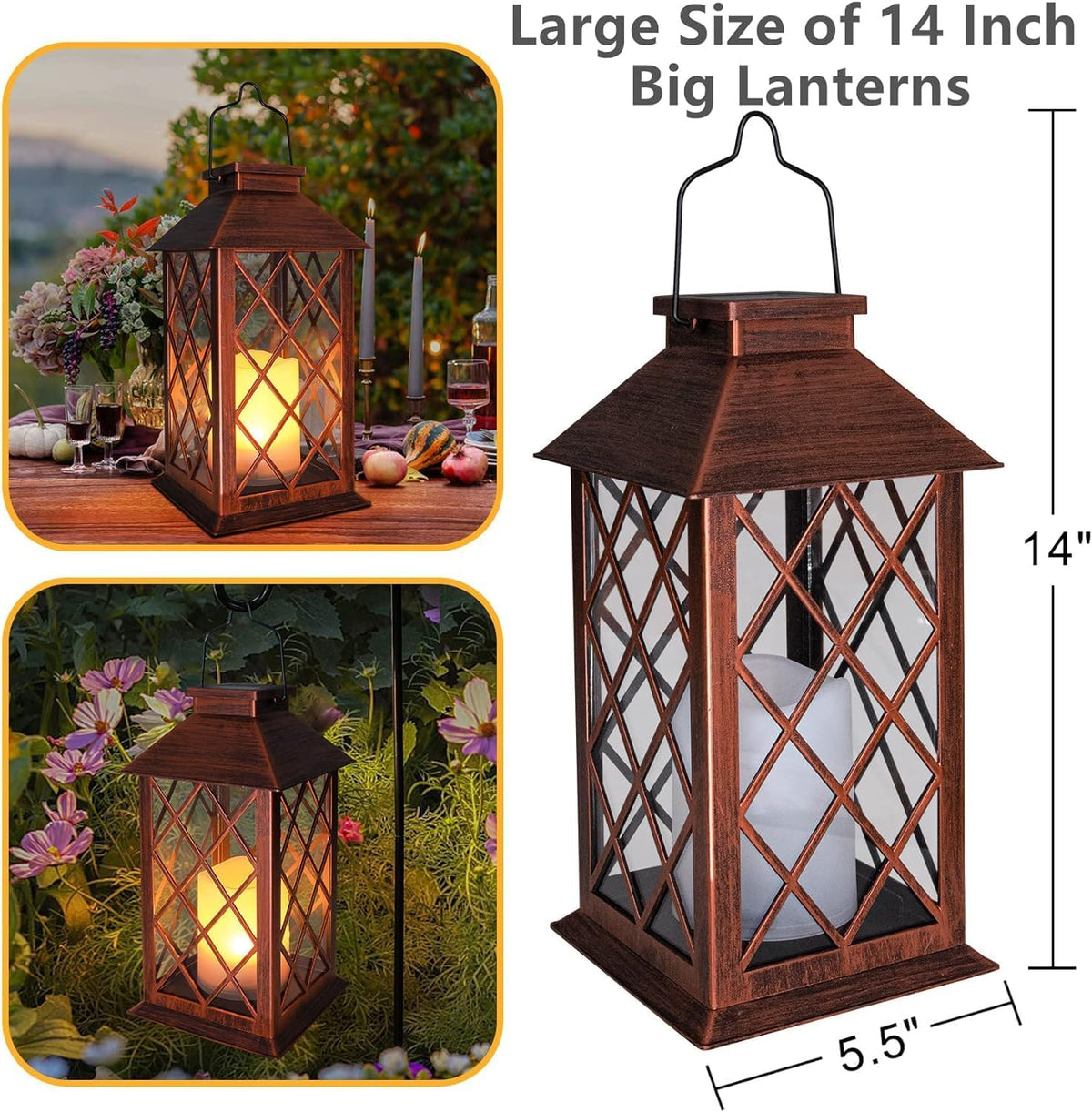 [2 Pack] TAKE ME 14" Solar Lantern Outdoor Garden Hanging Lantern Waterproof LED Flickering