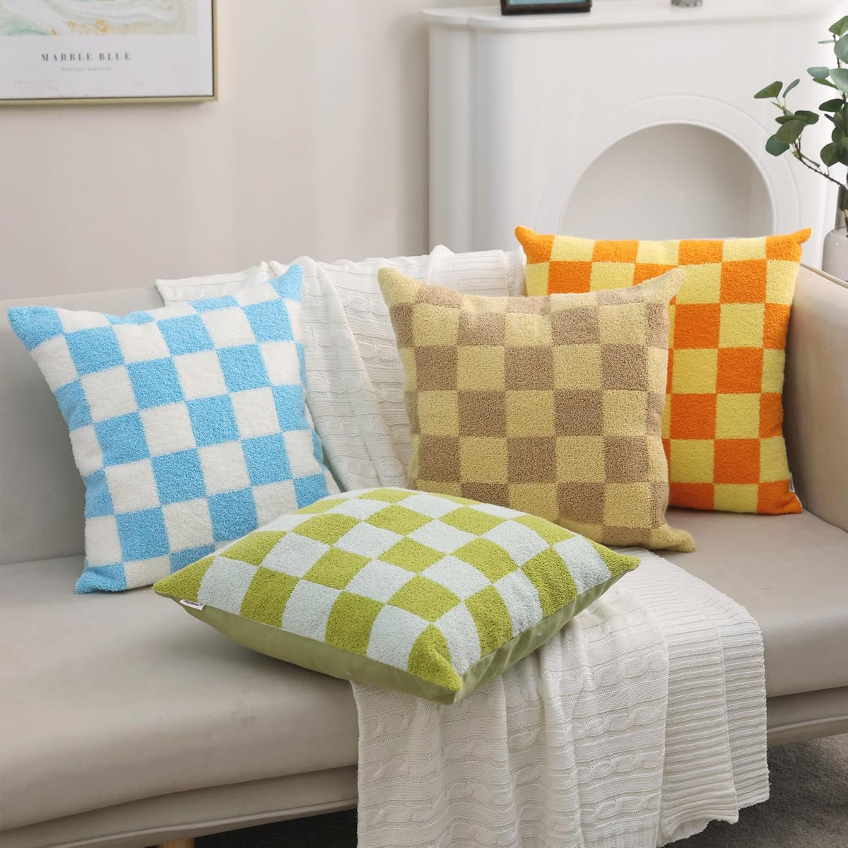 Alysheer Checkered Embroidered Decorative Throw Pillow Covers 18"x 18" Set of 2, Classic Accent