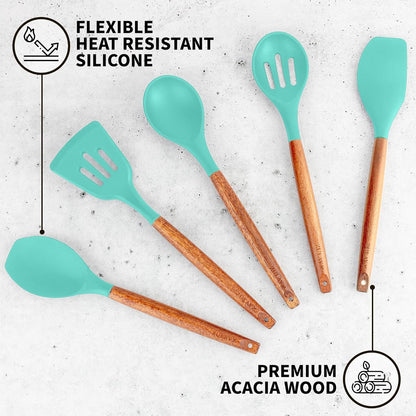 Zulay Kitchen Non-Stick Cooking Utensils Set with Authentic Acacia Wood Handles – 5-Piece Durable &