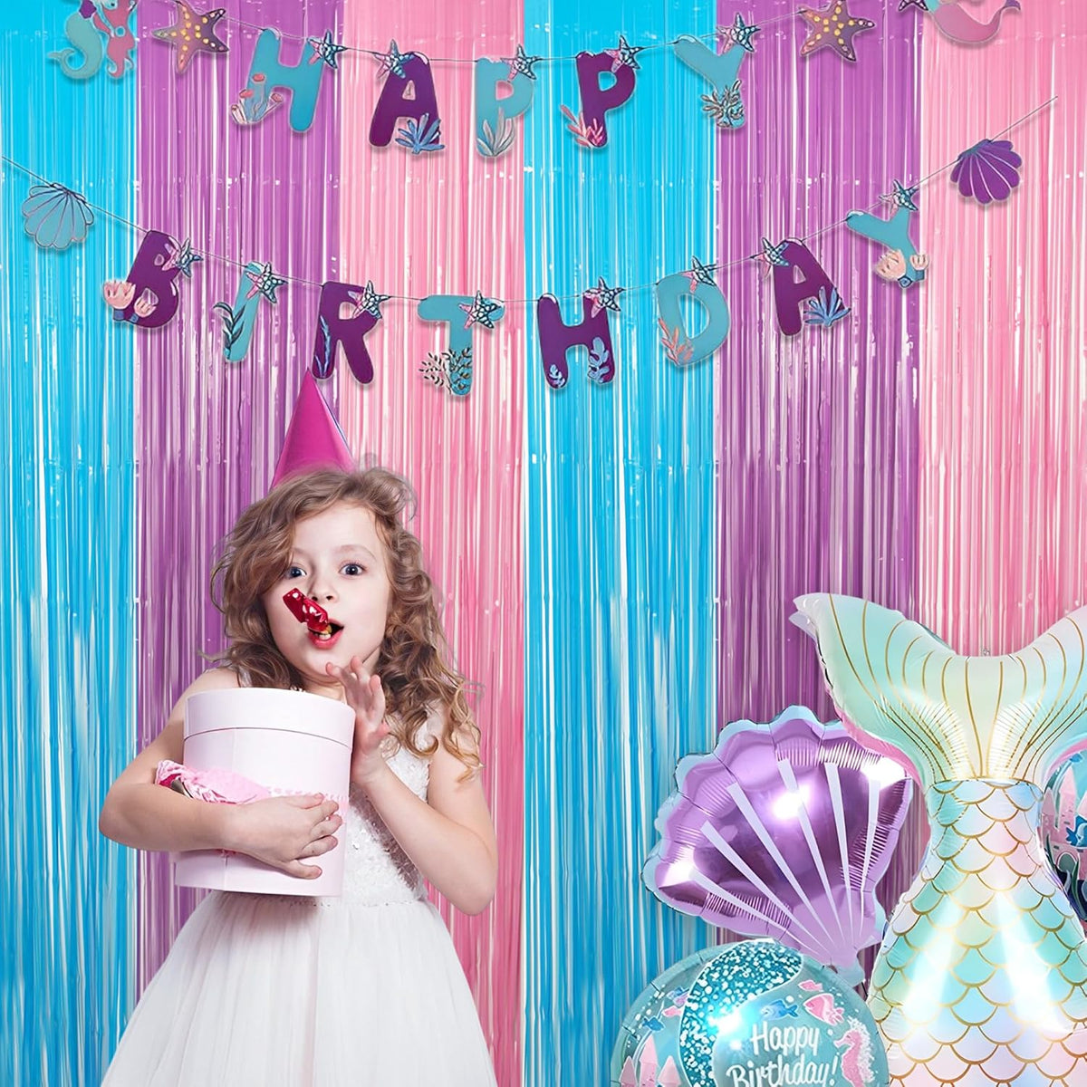 Blue Purple Pink Tinsel Backdrop - GREATRIL Pastel Foil Fringe Curtain Streamers for Pony Theme