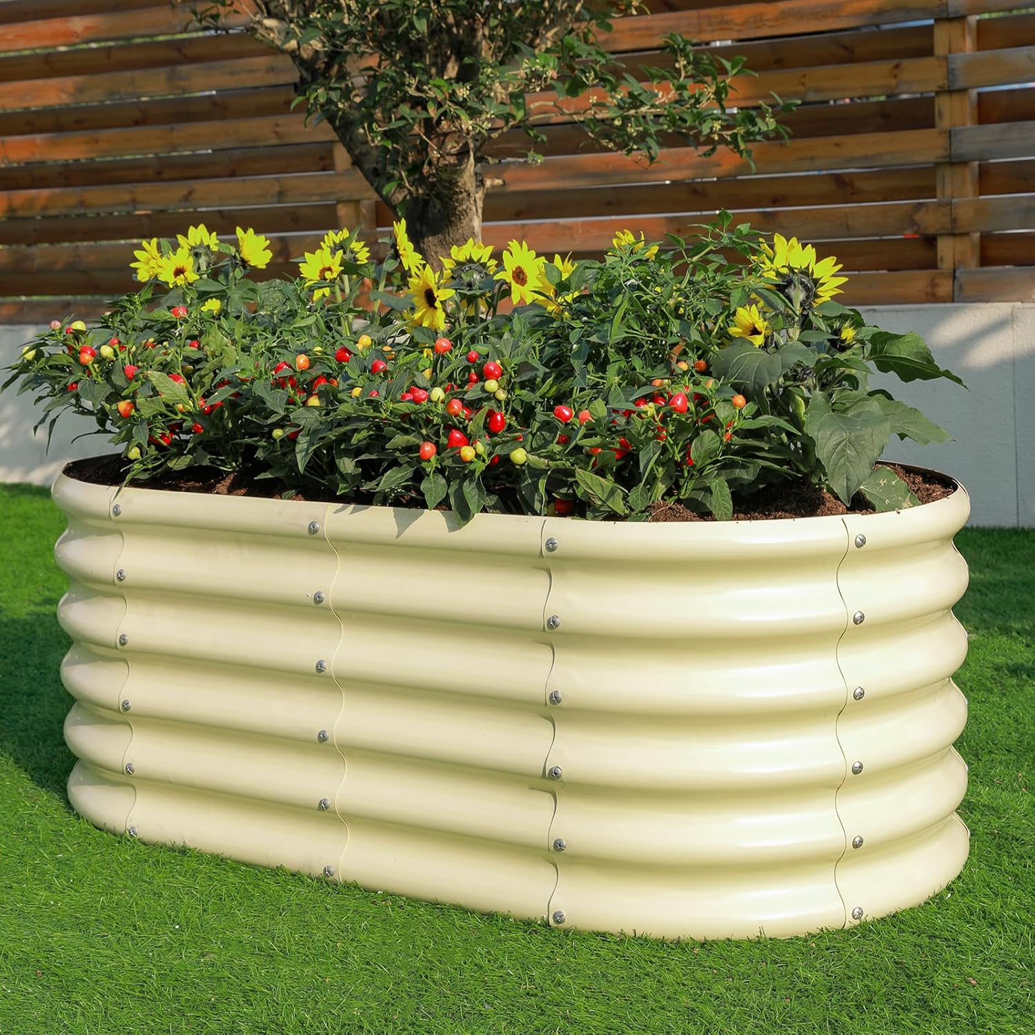 Land Guard 18“ Tall Outdoor Metal Raised Garden Bed, Oval Deep Root Planter Box for Vegetables
