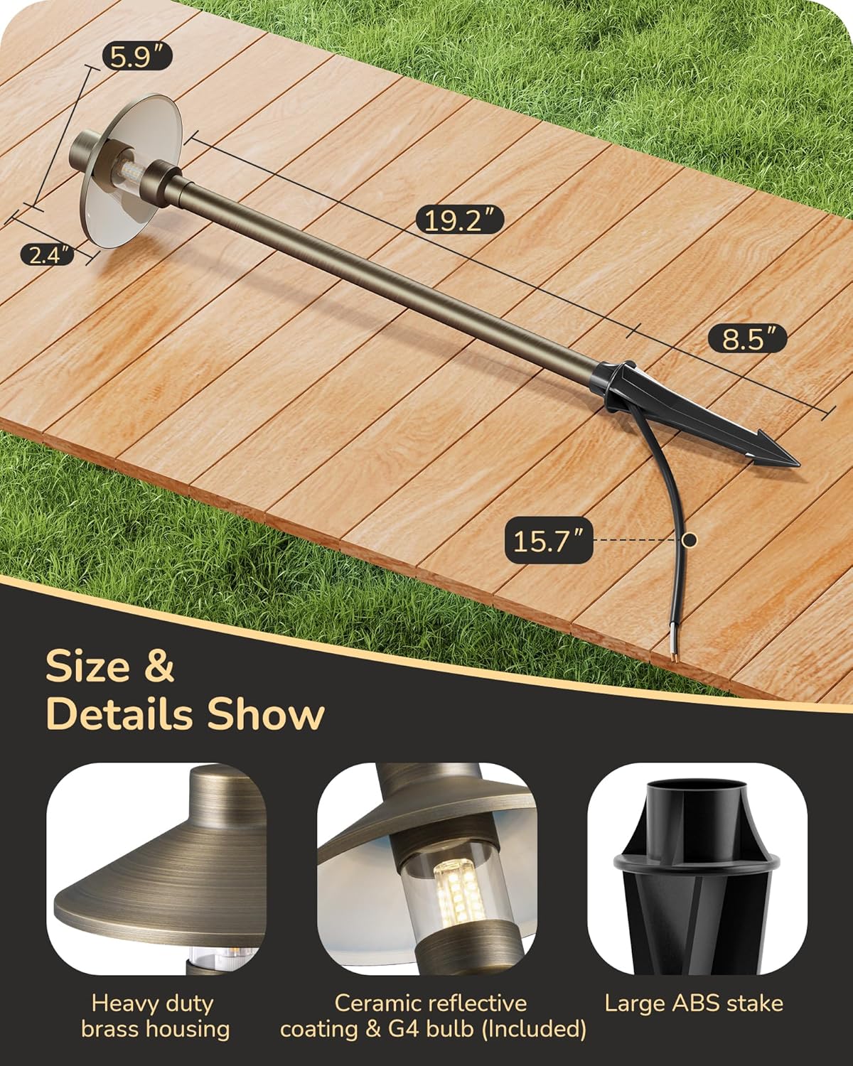 EDISHINE Solid Brass Low Voltage Landscape Lighting, 22" Tall 6" Shade w/ G4 Bulb, 6Pack 12V 350LM